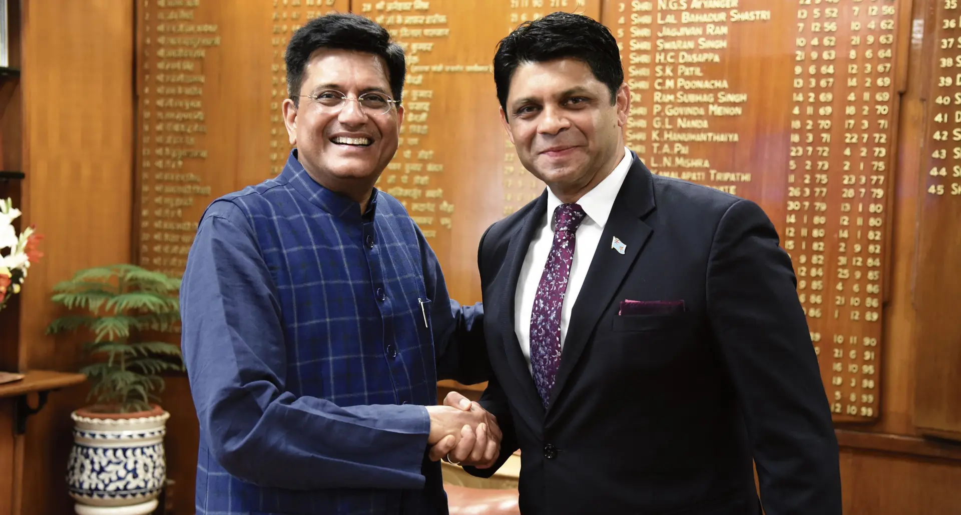 Attorney-General Aiyaz Sayed Khaiyum(right), during his meeting with the Indian Minister for Railways Piyush Goyal.