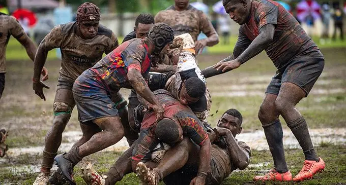 Tussle between Nadroga and Namosi in today’s Skipper Cup clash at Thompson Park, Navua. Photo: Leon Lord 