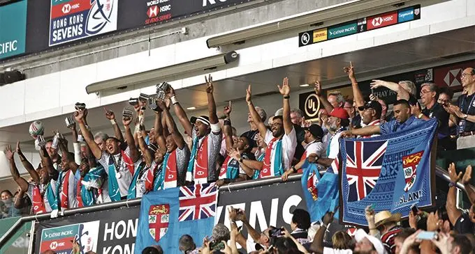 The victorious Fiji Airways Fijian 7s team after winning the Hong Kong 7s for a record fifth time in a row on the main dais at the Hong Kong Stadium on April 7, 2019. The Fijians beat France 21-7 in the Cup final.  Photo: Bruce Southwick/Zoom Fiji