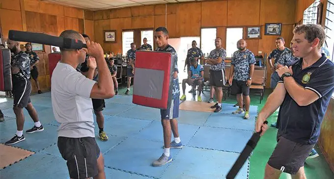 Republic of Fiji Navy boarding officers during the Maritime Law Enforcement (MLE) training with trainers from the Royal Australian Navy Sea Training Unit.