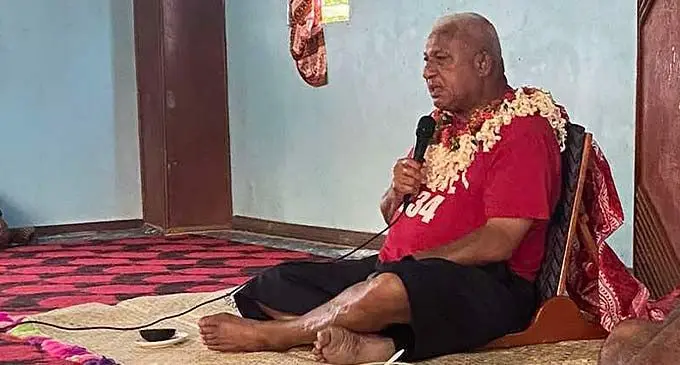 FijiFirst party leader Voreqe Bainimarama (left), on the campaign trail at Nadoi Village in Rewa on December 7, 2022. Photo: FijiFirst / Facebook