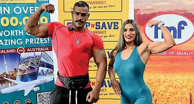 From Jordan Pillay and wife Jamie Lee Mitchell pose during the ir press conference at the Metro Gym in Suva on March 14, 2024. Photo: Supplied