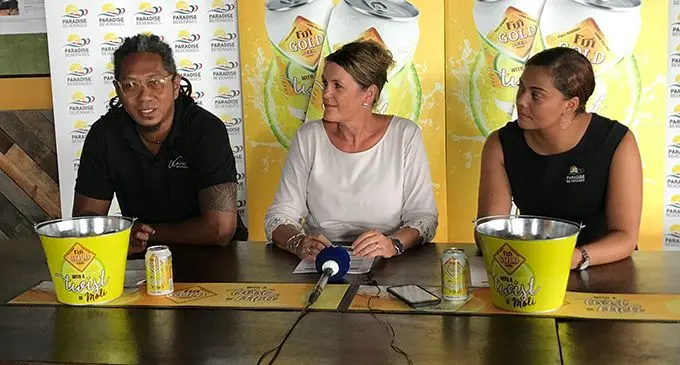 From left: Knox Entertainment co directors Inoke Kalounisiga, Ellana Kalounisiga and Paradise Beverages (Fiji) Limited marketing and sponsorship  specialist Tuula Mallam, during the sponsorship signing in Suva on February 25, 2020.  Photo: Inoke Rabonu
