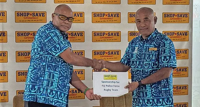 Shop N Save supermarket consultant George Brown (left) hands over the sponsorship package to Acting Commissioner of Police Juki Fong Chew at the Fiji Police Force headquarters in Suva on October 15, 2024.