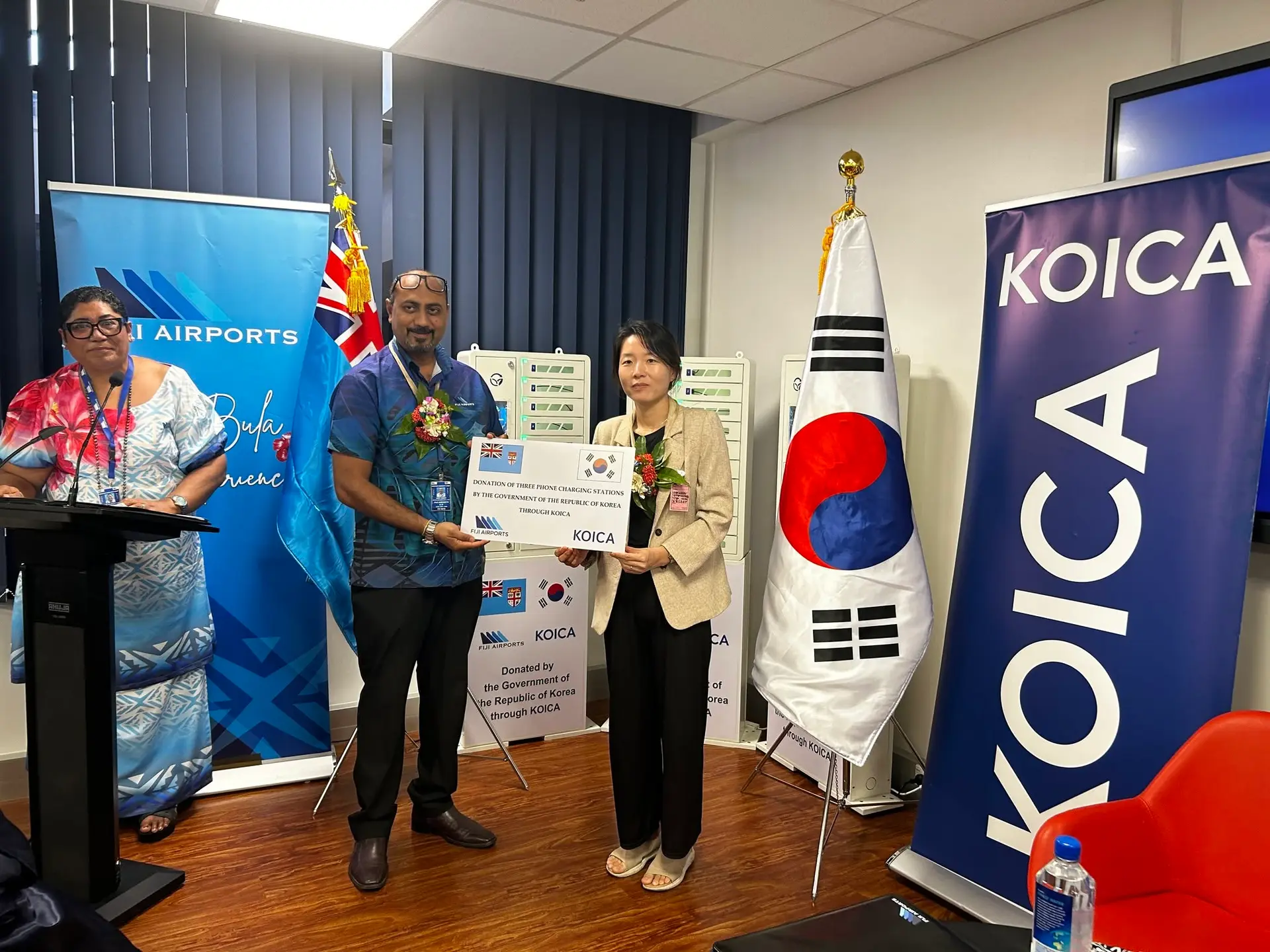 Republic of Korea Embassy Counsellor Myongjun Kim (right) and acting Airports Fiji Limited chief executive officer Amit Singh during the handover ceremony of the three phone charging stations.