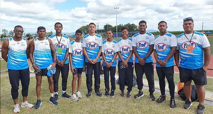 FMF Ahletics Fiji athletes with Pacific sprint king Banuve Tabakaucoro (left) to participate in this weekend’s Oceaania Championship in Mackay, Australia. Photo: Athletics Fiji