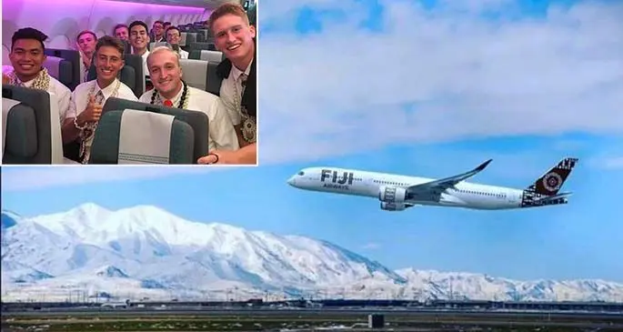 A Fiji Airways Airbus A350-900 climbs out of Salt Lake City International Airport in Utah, USA, yesterday. The charter flight from Nadi took home to America Church of Jesus Christ of the Latter-day Saints missionaries working in four Pacific Islands countries. It then flew on to Los Angeles. There it picked up cargo destined for Fiji. Meanwhile, a Fiji Airways freighter flight took export cargo to Sydney yesterday. It brought back relief supplies to help in the battle against the coronavirus pandemic. Inset: Missionairies of the Church of Jesus Christ Latter-Day Saints on board the private chartered Fiji Airways A350 to Salt Lake City from Nadi April 4, 2020. Photo: Jeff-Judy Brock, Facebook.