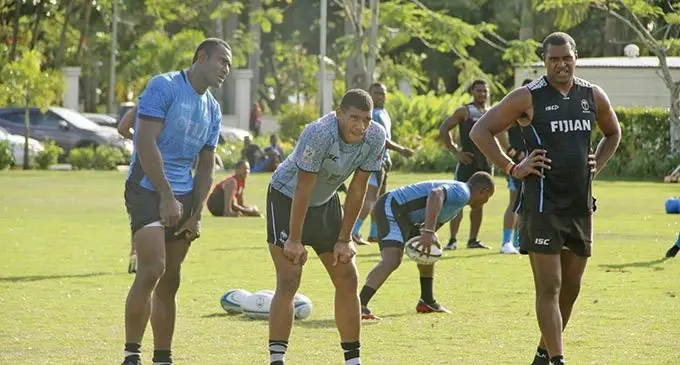 Fijian 7s forwards (left-right) Rusiate Nasove, Meli Derenalagi, Josua Vakurunabili during training at Albert Park, Suva, on January 19, 2021. Photo: FRU Media