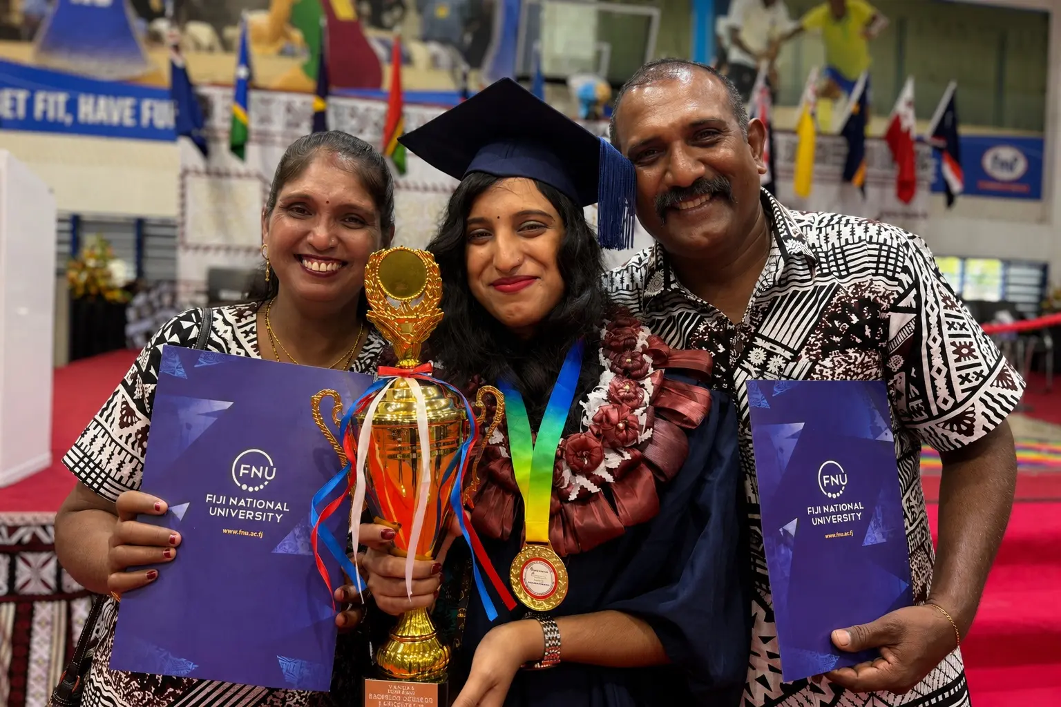 From left : Vakashni Lata (Mother) Vanisha Charam, Vikash Charam (Father) at the FNU Graduation on May 12, 2026 .