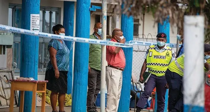 Officers at the  Police Special Response unit in Makoi after investigation led to a positive case of covid 19 virus on June 9 2021. Photo- Leon Lord