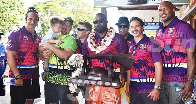 Guests of the 10th McDonald’s Coral Coast Sevens during the induction of Rupeni Caucaunibuca in the Rugby Walk of Fame in Sigatoka on January 15, 2020. From left: Karl Te Nana, tournament director Jay Whyte (holding son Tyson), Brian Hightower, Caucaunibuca, Ken Laban, Ben Gollings, Lote Tuqiri on January 12, 2019. Photo: Waisea Nasokia