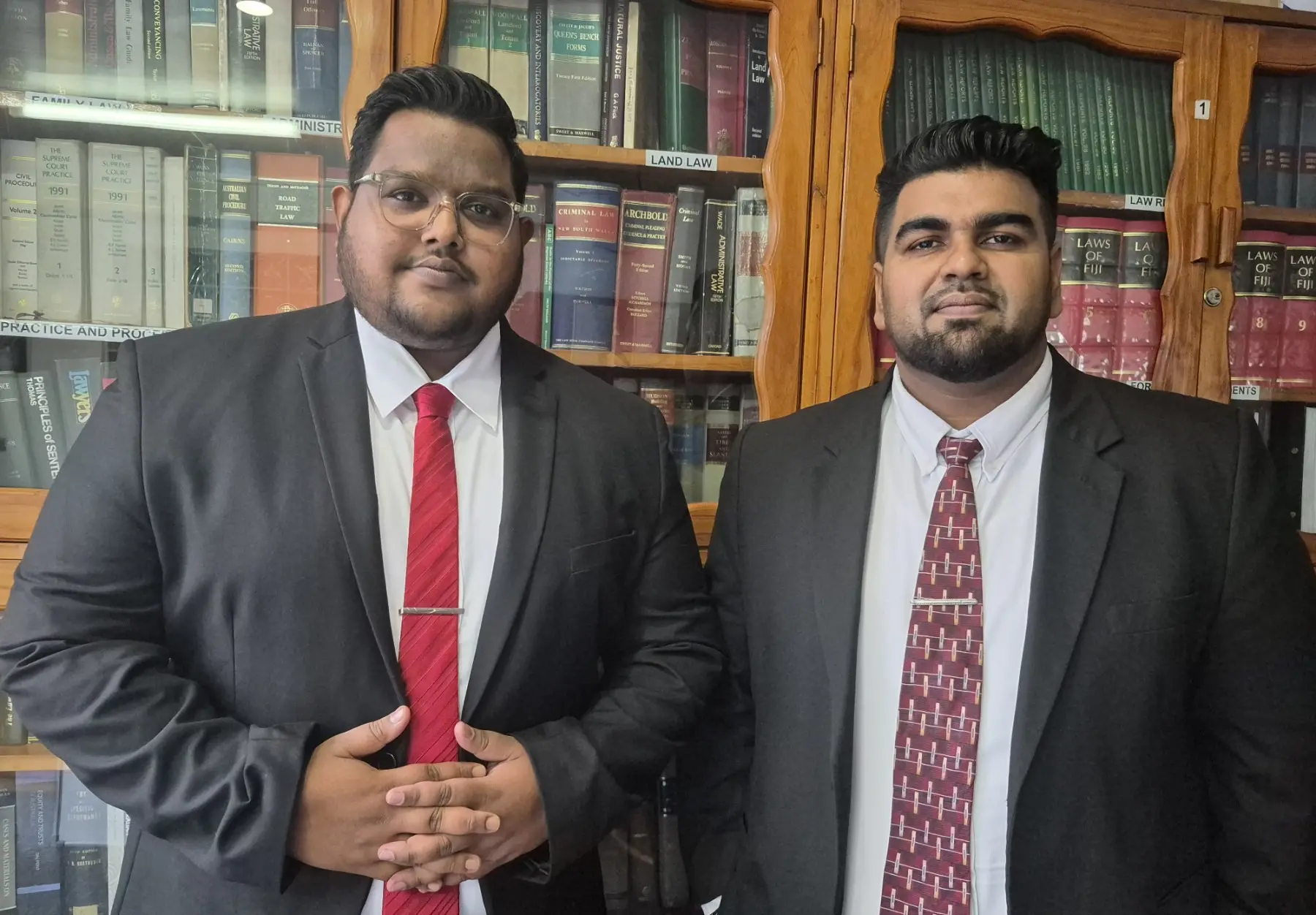 From left: Patel Sharma lawyers representing the Fiji Sun, Firdouz Khalim and Ashitosh Kumar.