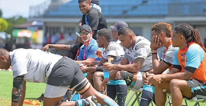 Ben Gollings with members of his extended squad during the 47th Fiji Bitter Marist Sevens tournament at the HFC Bank Stadium, Suva, on March 18, 2023. Photo: Ronald Kumar