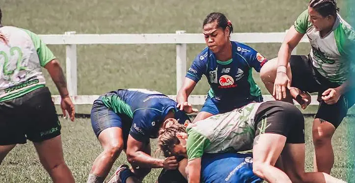 Rooster Chicken Fijiana Drua players in the thick of things against ACT Brumbies at Prince Charles Park, Nadi on March 25, 2023. Fijiana won 12-7. Photo: Leon Lord