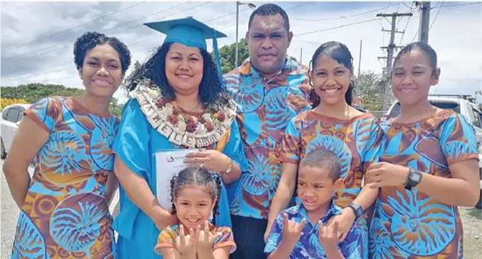 Amele Biu Besetimoala (in garland), with her family at the University of Fiji Saweni Campus in Lautoka on November 29, 2024. Photo: Mereleki Nai 