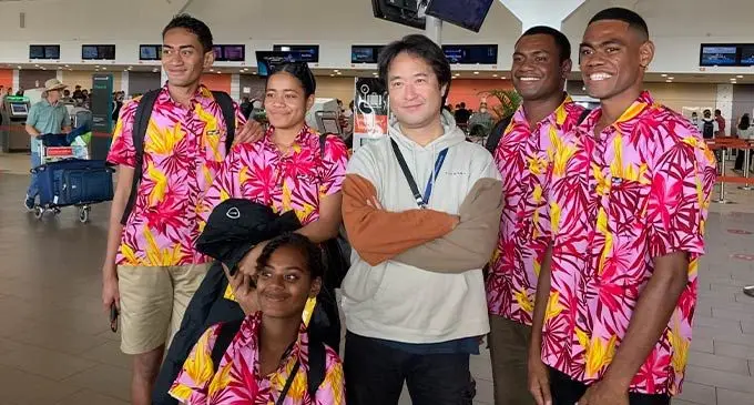 From left: Luca Vakatawa, Caroline Delaimalumu, Leisi Atama, Free Bird Institute CEO Hiroshi Taniguchi, Joji  Bendito and Anakeleto Tawake at the Nadi International Airport before their flight to Japan on August 20,  2022. Photo: Free Bird Institute