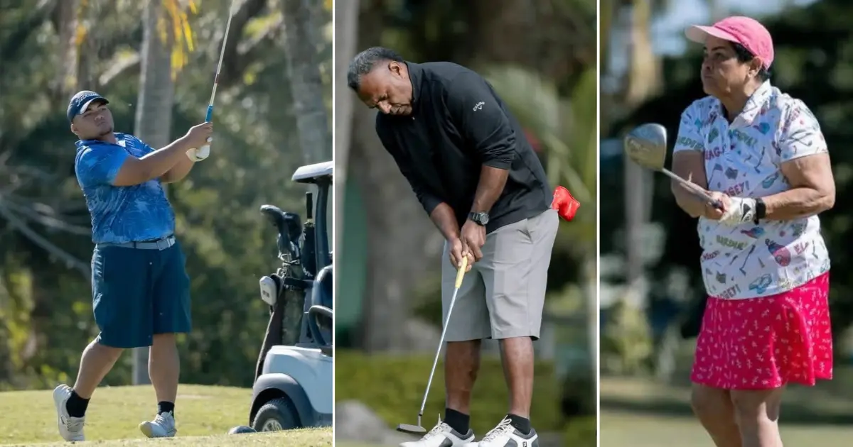Bill Sorowale, Aaron William Evalu and Veteran golfer Susie Yee makes a shot.