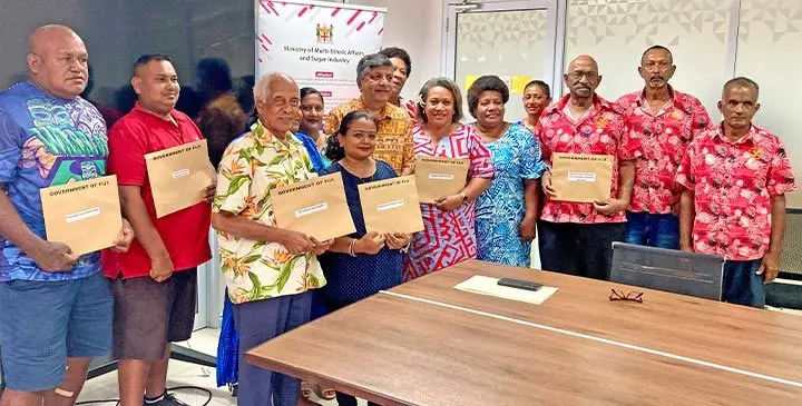 Minister for Multi-Ethnic Affairs and Sugar Industry, Charan Jeath Singh (middle), with recipients of the ministry’s Multi-Ethnic Grant Programme at the handover ceremony in Suva on June 10, 2025. Photo: Jernese Macanawai