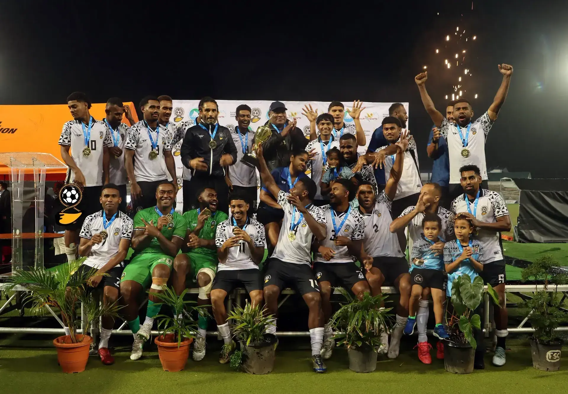 The Bula Boys celebrate their MSG Prime Ministe's Cup win at the National Stadium, Suva on October 3, 2026.