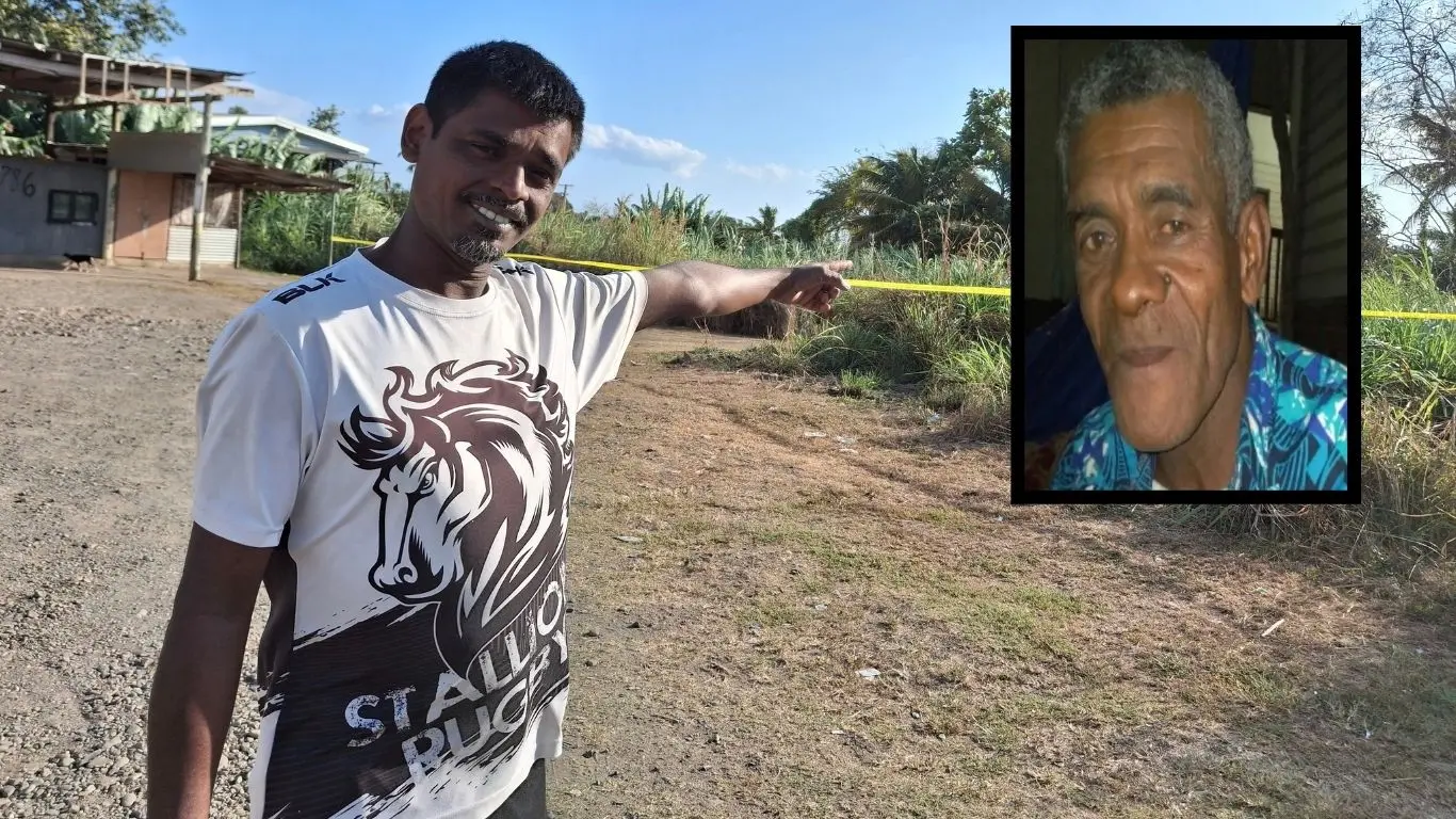  Shop owner, Navneet Chandra pointing to where the body was found near his shop at Saweni, Lautoka. Inset: Deceased...Samuela Qionitoga.