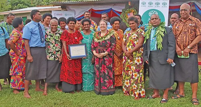 United States of America’s Ambassador to the Republic of Fiji, Marie Damour, Assistant Minister for Rural, Maritime Development and Disaster Management Jovesa Vocea and Adventist Development and Relief Agency (ADRA) Fiji country director Iliapi Tuwai with villagers at Nawaido, Bua on May 18, 2023. Photo: Shratika Naidu