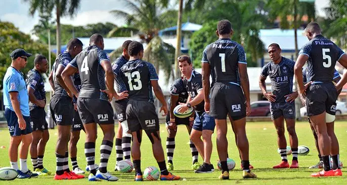 Fiji Airways Fiji sevens head coach Gareth Baber speaks to his players during their team training session at Albert Park in Suva on Wednesday, March 20, 2019. 
