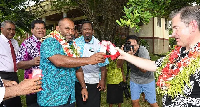 Minister for Health and Medical Services Dr Ifereimi Waqainabete (third from left) with New Zealand High Commissioner to Fiji Jonathan Curr (far right) about to release the Wolbachia mosquitoes in Narewa, Nadi, on April 27, 2019.  Photo: DEPTFO News.