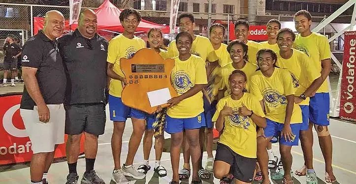Basketball Fiji president Ioane Naivalurua {first from left) and Vodafone Fiji sponsorship manager Adriu Vakarau (second from left) with the victorious Suva Grammar School Under-19 girls basketball team in Lautoka on September 2, 2023. Photo: Waisea Nasokia