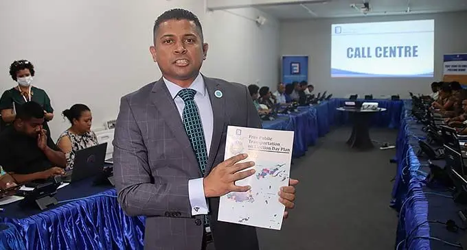 Supervisor of Elections, Mohammed Saneemwith with call centre assistants at Fijian Elections Office in Suva on December 12, 2022. Photo: Jone Salusalu