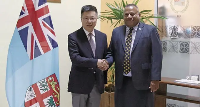 Peoples Republic of China Ambassador to Fiji H E Qian Bo (left) during the courtesy call made to the Minister for Defence National Security and Foreign Affairs Inia Seruiratu. 