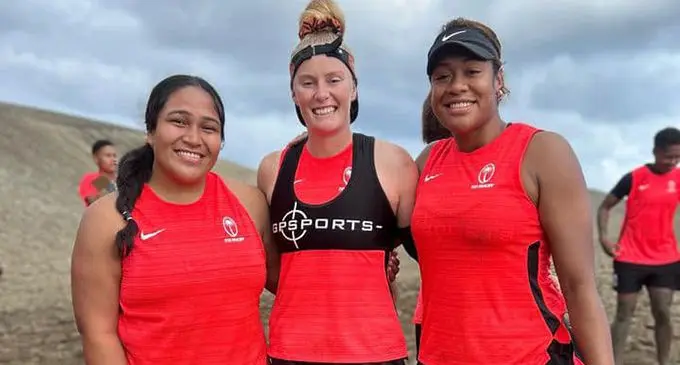 Vodafone Fijiana XVs reps (left-right) Iris Verebalavu, Jade Coates and Sulita Waisega at the Sigatoka sand dunes on May 11, 2024. Photo: FRU Media