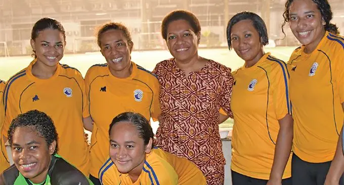 Minister for Women, Children and Poverty Alleviation Mereseini Vuniwaqa( standing third from left) with Futsal women on April 27,2019.