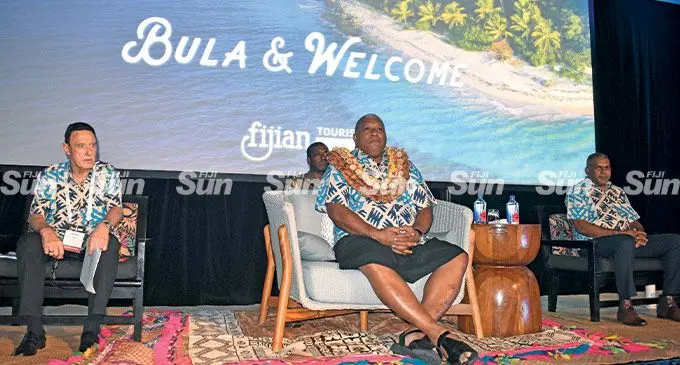 From left: Tourism Fiji board chair Andre Viljoen, President Ratu Wiliame Katonivere and Minister for Commerce, Tourism, Trade and Transport, Faiyaz Koya during the opening of the Fijian Tourism Expo at Sheraton Fiji Golf and Beach Resort in Denarau on May 11, 2022. Photo: Waisea Nasokia