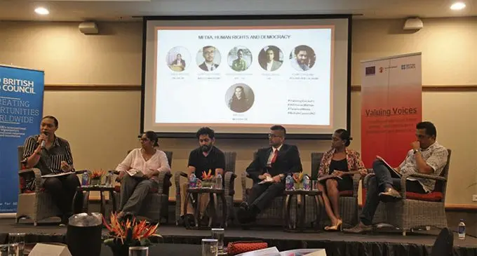 From left: Moderator Miki Wali the co-founder of the Haus of Khameleon, United Nations Human Rights Commissioner for the Pacific, Chitraleka Massey, Romitesh Kant, honorary research associate with the Institute of Human Security and Social Change at La Trobe University in Australia, Arnold Chanel, Mai Life digital editor Krisitiana Uluwai, final year journalism and political science student at the University of the South Pacific and FBC’s Manager News and Sports Indra Singh.
