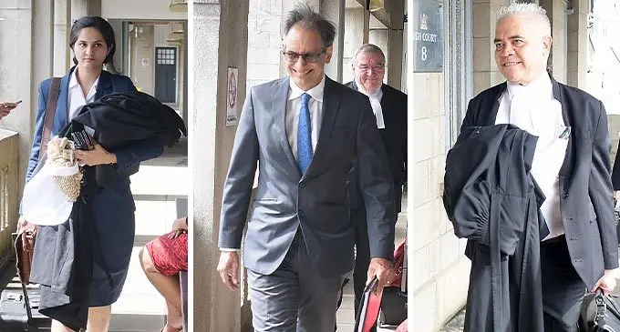 From Left: Lawyer Gul Fatima outside the High Court in Suva, Richard Naidu (M) followed by his King’s Counsel Martin Daubney outside the High Court in Suva and Jon Apted outside the High Court in Suva on November 10, 2022. Photo: Ronald Kumar