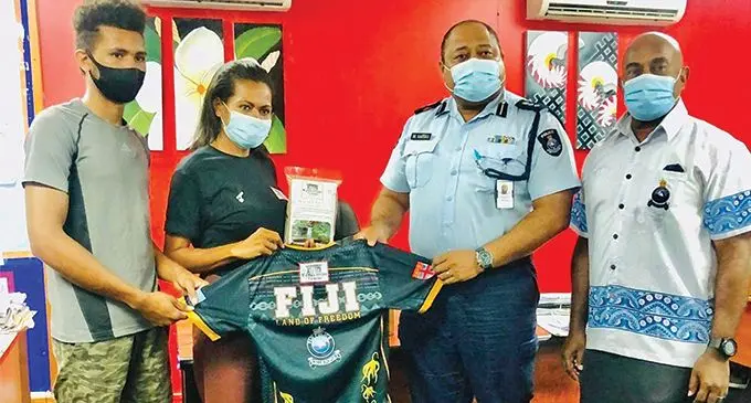 Police rugby sevens trainer Sale Tubuna (far right), Police director of corporate services Senior Superintendent Meli Sateki, Kavalicious Taveuni managing director Ana Malu- muvatu and Cajetan Malumuvatu. Photo: Waisea Nasokia 