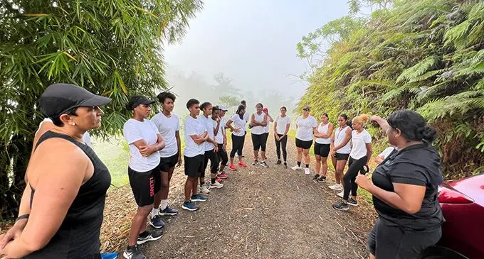 Fijian Pearls skills coach Yvette McCausland-Durie (first from left) and head coach Unaisi Rokoura (first from right) with the Pearls training squad in Naitasiri on January 28, 2023. Photo: Netball Fiji