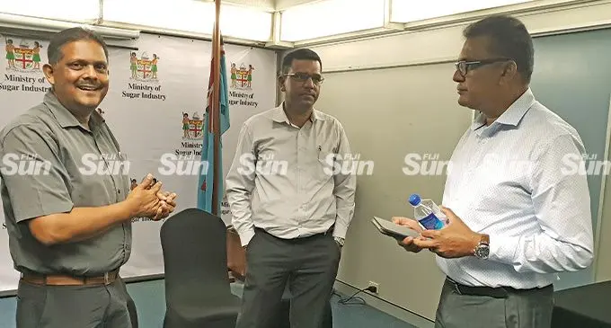 From left: Fiji Sugar Corporation CEO, Bhan Singh, Director Sugar, Sanjay Kumar and Permanent Secretary for Sugar, Yogesh Karan after the signing at the Ministry of Sugar office in Lautoka on May 26, 2022. Photo: Nicolette Chambers