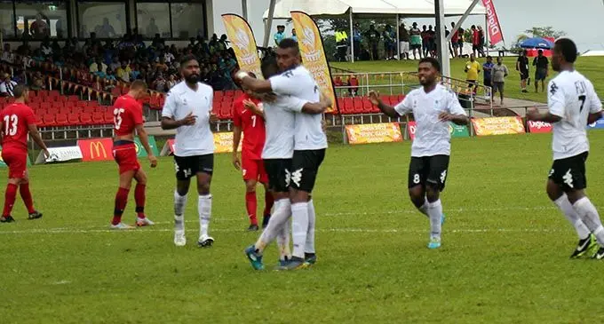 Team Fiji men’s football team celebrate Roy Krishna’s goal against Tahiti during the Pacific Games in Apia, Samoa on July 8, 2019. Fiji won 2-1. Photo: Anasilini Natoga