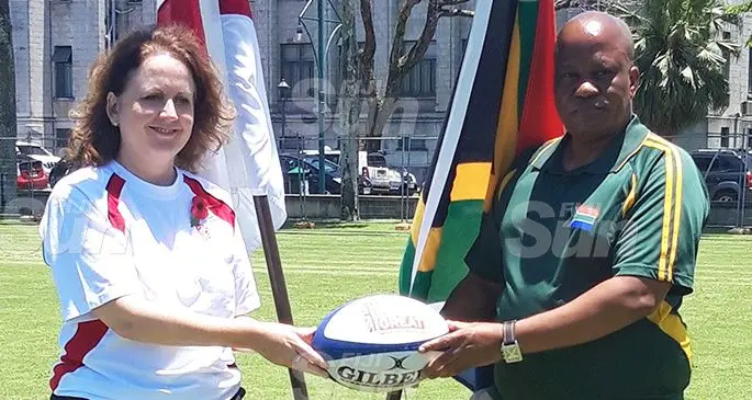 British High Commissioner to Fiji Melanie Hopkins (left) and South African High Commission Chargé d’Affaires Bingo Thamaga at Albert Park in Suva on October 31, 2019. Photo: Grace Narayan