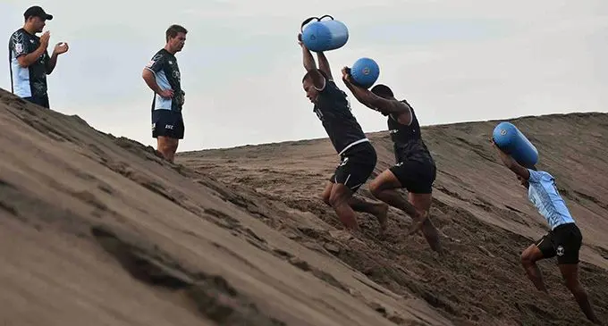 Fiji Airways 7's team during training at the Sigatoka Sand Dunes National Park yesterday. Photo: WAISEA NASOKIA