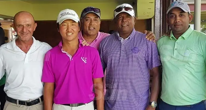Mladan Matulic (V&B), winner Sam Lee, Phillip Temo ( Temo Consulting), Wella Pillay (Gecko’s Trucking) runner up Zoheer Ahmad. Photo: Waisea Nasokia