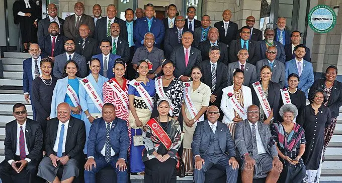 Miss Hibiscus 2024 queen contestants with Members of Parliament outside Parliament on September 5, 2024. Photo: Parliament of Fiji