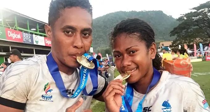 Fiji 7s Women's teammates Luisa Basei(left) and Tokasa Seniyasi. Photo: Anasilini Natoga