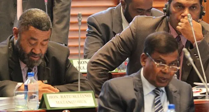 National Federation Party leader Biman Prasad (front) in Parliament on March 7, 2018. Photo: Ronald Kumar 