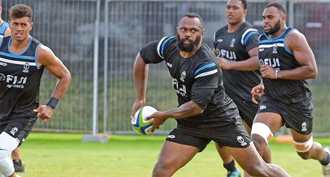 Fiji Airways Flying Fijians winger Vereniki Goneva ready to pass during the Captain’s rugby at Albert Park, Suva on August 9, 2019. From left: Ben Volavola, Eroni Mawi and Semi Kunatani Photo: Ronald Kumar