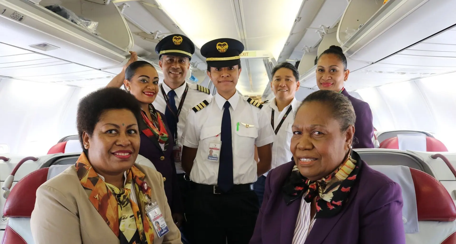 Air Niugini tech and cabin crew that operated PX 086, a first direct flight from Port Moresby to Nadi, on a Boeing 737 aircraft.  From left: Purser Florence Subam, Cabin crew Sheryl Marjen, Captain Navaulioni Ravai, First Officer Bernice Watinga, Flight  Engineer Yam Demosthenes Raniel, Cabin Crew Vicky Tarube and Olga Apelis. Photo: Air Niugini 