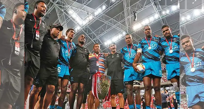 Fiji Airways Fijian 7s officials and reps (from left) Willie Baleinabuli (official). Etu Tusitala (strength and conditioning coach) Ioane Raturaciri, Viliame Satala (assistant coach, Waisale Serevi, Ben Gollings (head coach), Elia Canakaivata, Josua Vakurinabili, Tevita Daugunu after the Singapore 7s win on April 10. Photo: World Rugby