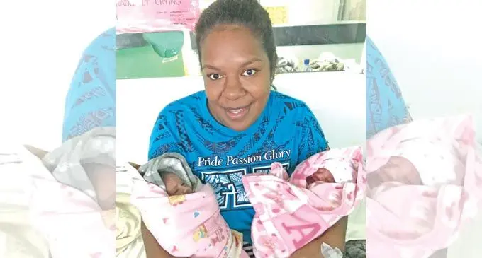 Akesa Kelenayatoka with her twin daughters at Labasa Hospital on February 1, 2021.   Photo: Shratika Naidu
