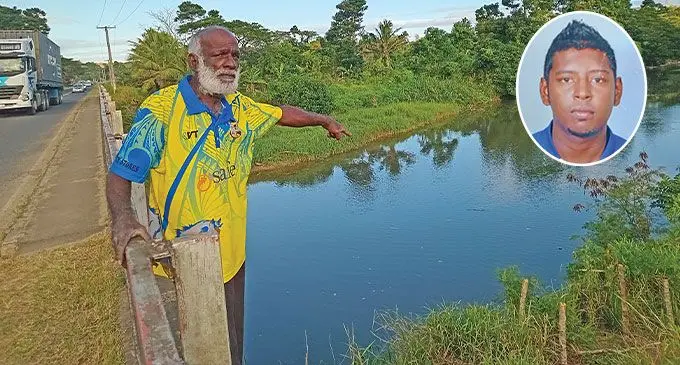Mohammed Faroon points to where the body was found in Cuvu River, Nadroga. Photo: Waisea Nasokia/Inset: The late Ravnit Dass.